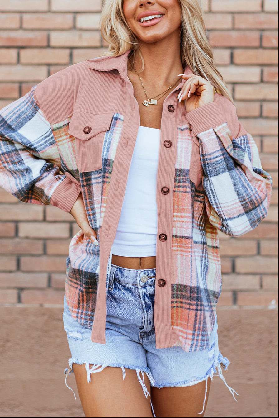 Light Pink Plaid Corduroy Patchwork Pocket Shacket