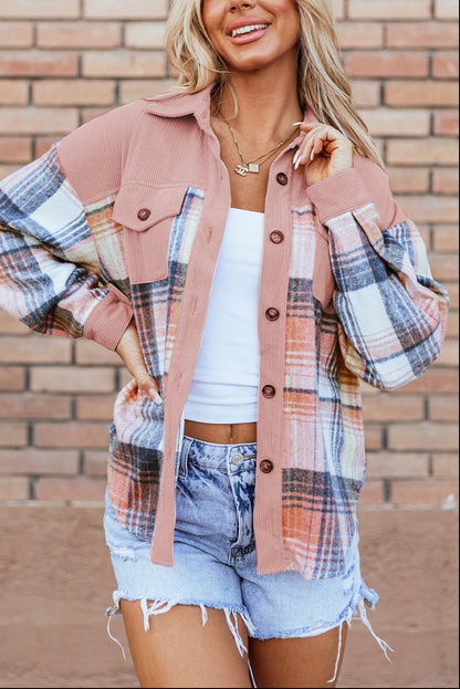 Light Pink Plaid Corduroy Patchwork Pocket Shacket