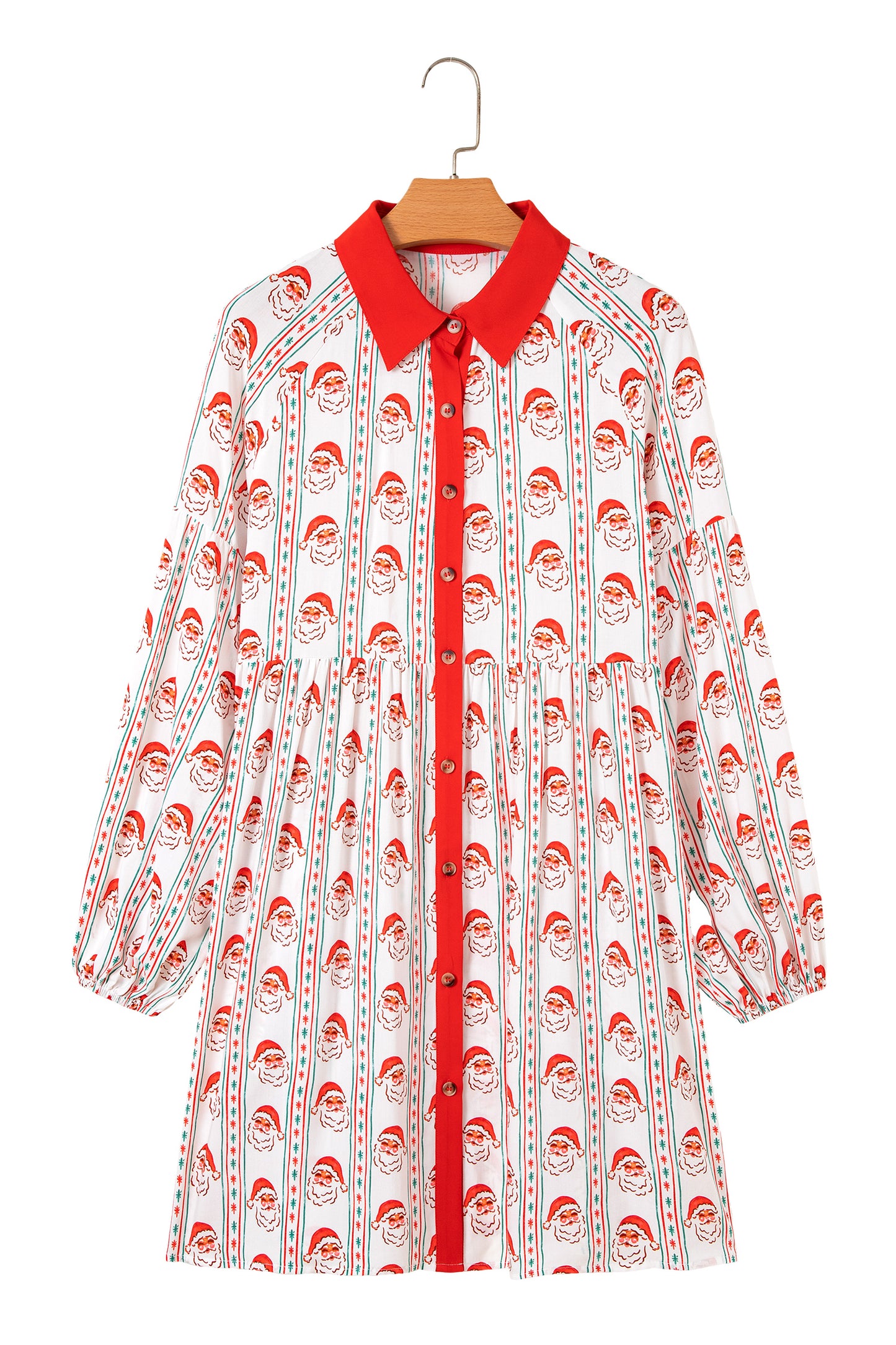 Santa Print Button Front Long Sleeve Christmas A Line Dress