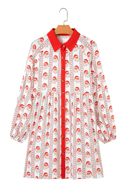 Santa Print Button Front Long Sleeve Christmas A Line Dress