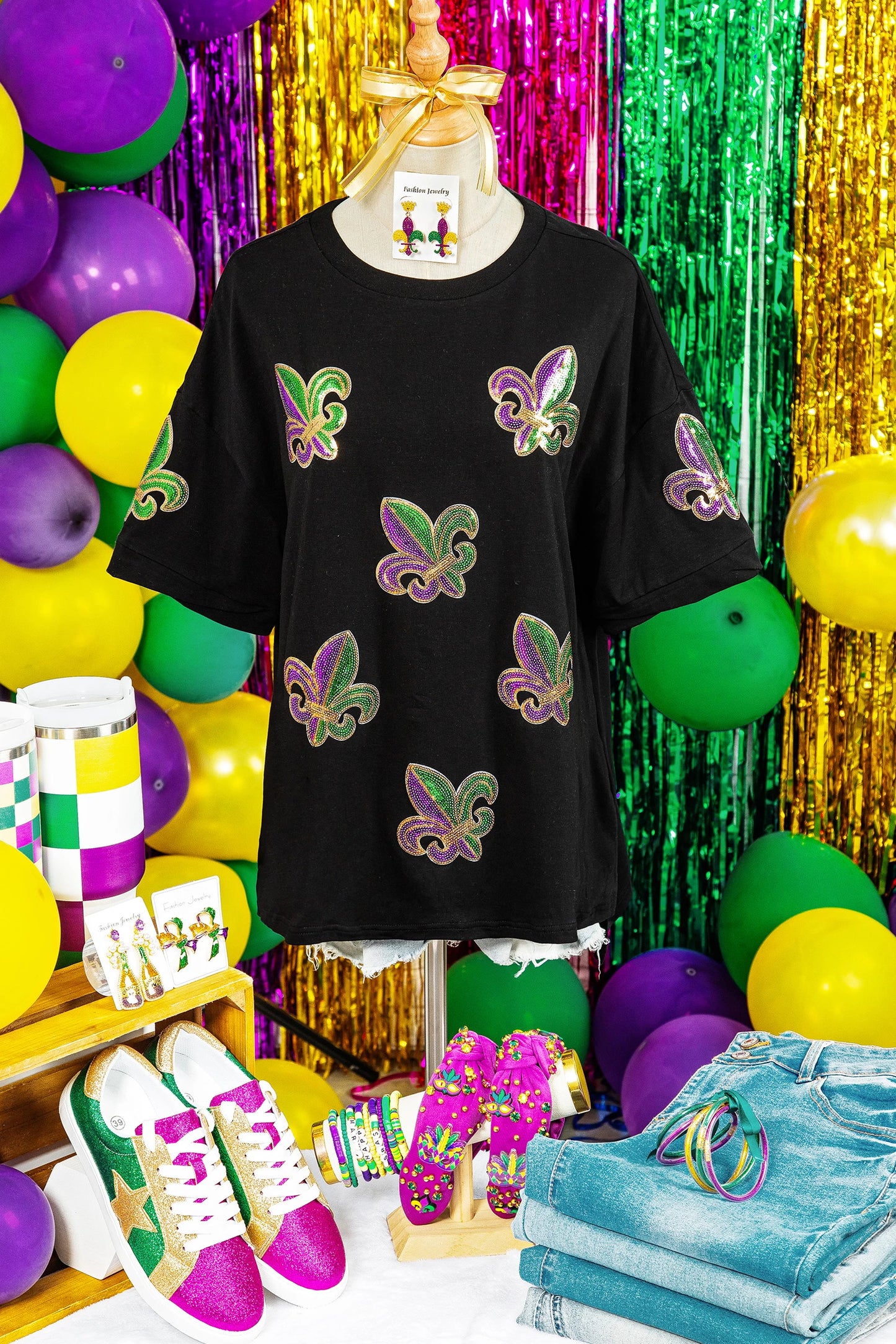 Black Oversized Sequin Fleur De Lis Mardi Gras Tee
