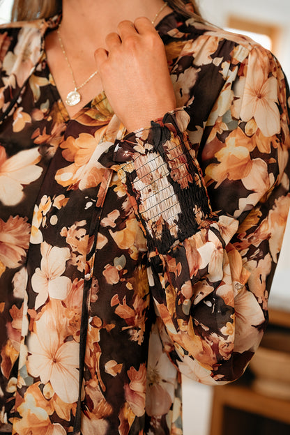 Black Floral Print V Neck Long Sleeve Smocked Cuff Blouse