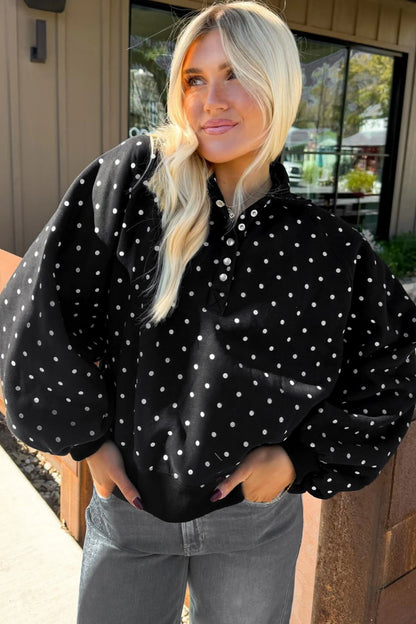 Polka Dot Button Collar Pullover Sweatshirt