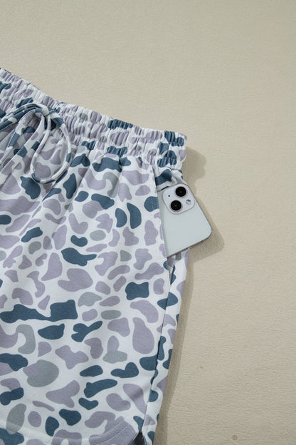 Abstract Print Zip Polo Top and Drawstring Shorts Set
