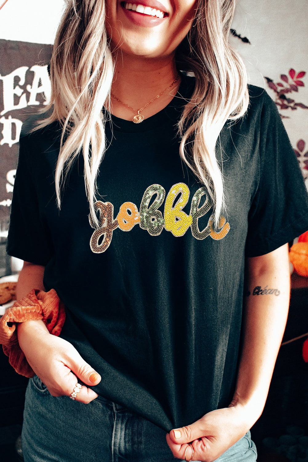 Black Sequin Gobble Graphic Thanksgiving T Shirt