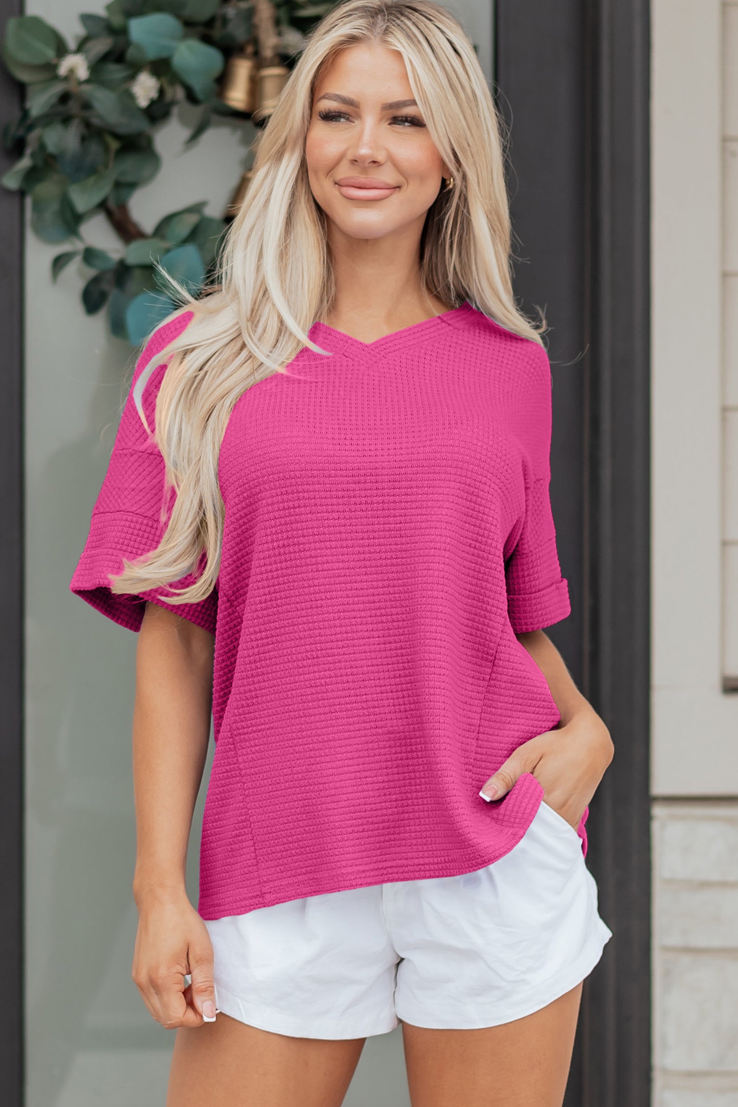 Strawberry Pink Waffle Knit V Neck Short Sleeve Casual Top