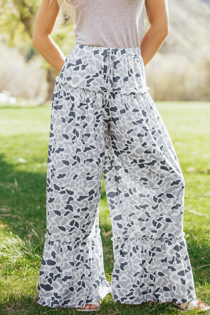 Boho Floral Wide Leg Pants High Waist Ruffle Hem