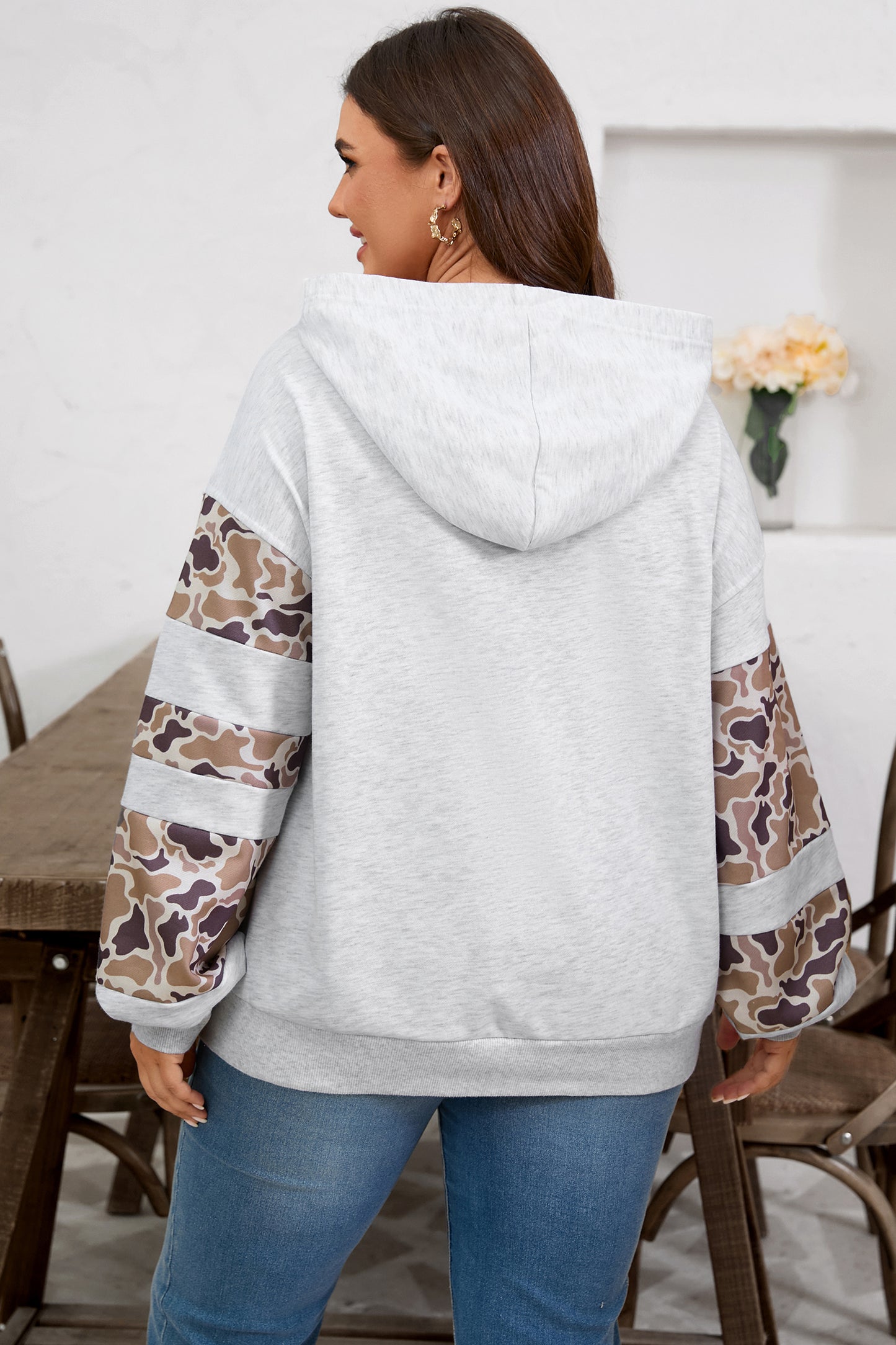Light Gray Camo Patchwork Hoodie with Asymmetric Sleeves
