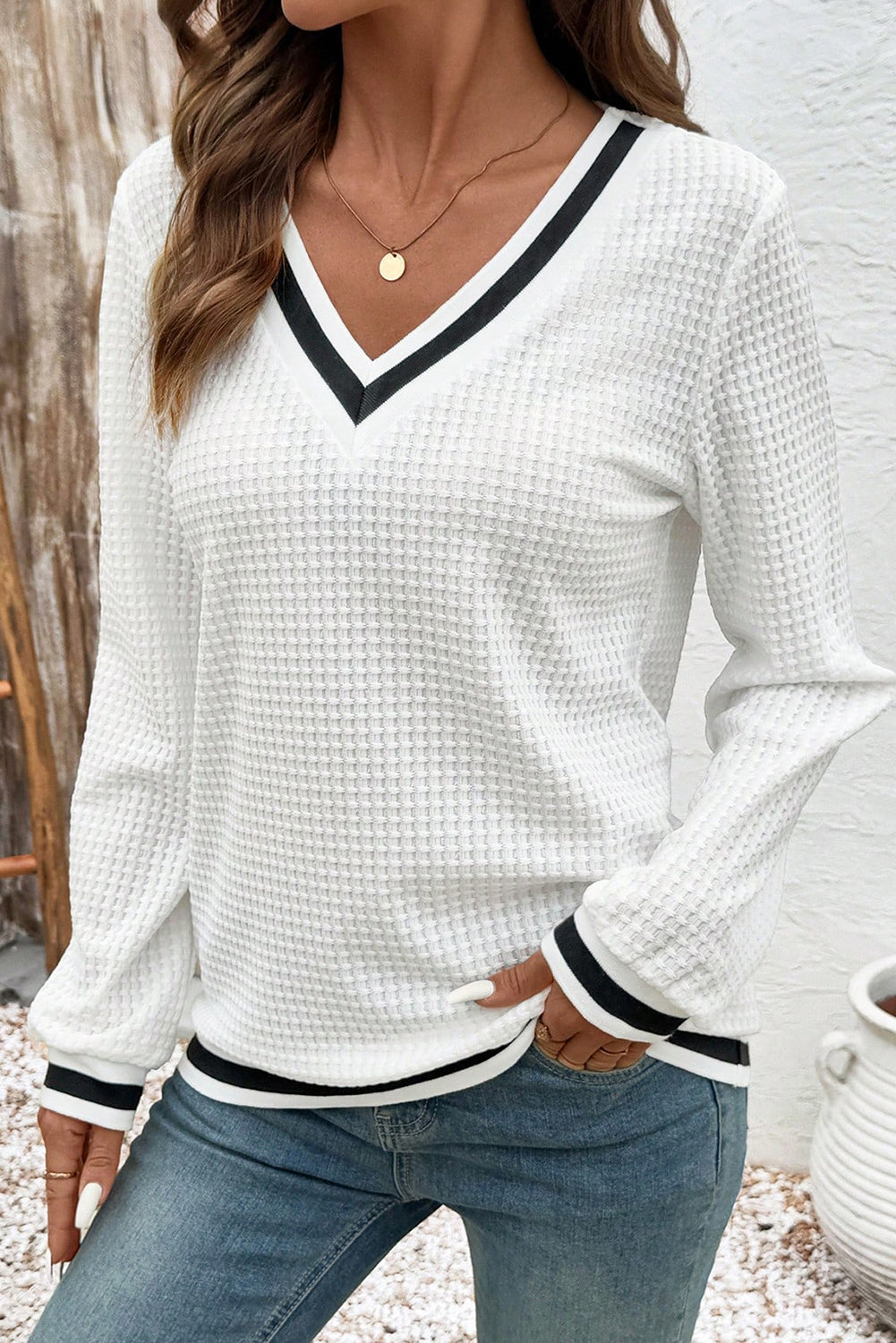 White Waffle Knit V Neck Long Sleeve Top with Striped Trim
