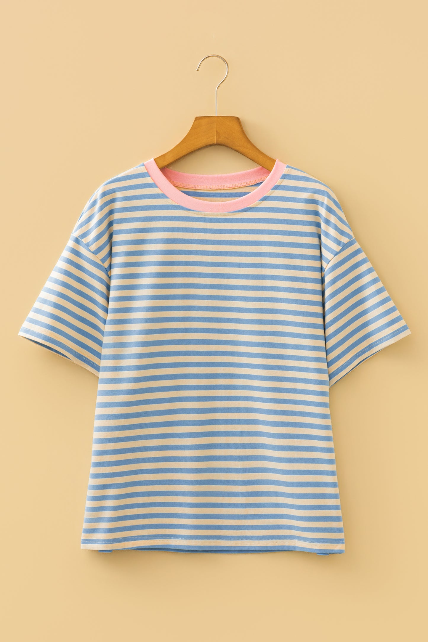 Sky Blue Striped Contrast Neck Drop Shoulder Loose Tee