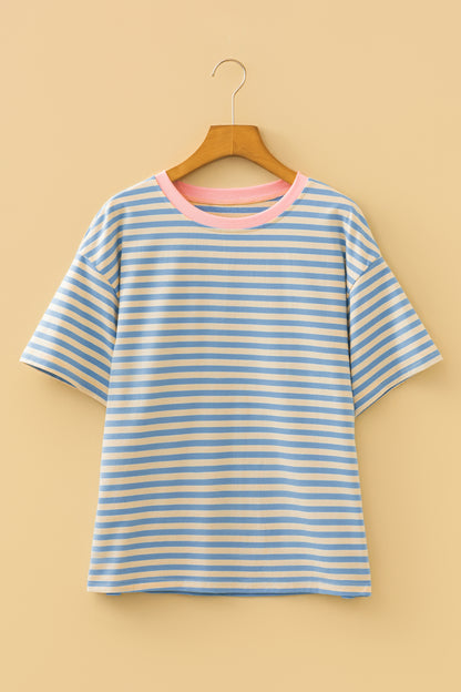 Sky Blue Striped Contrast Neck Drop Shoulder Loose Tee