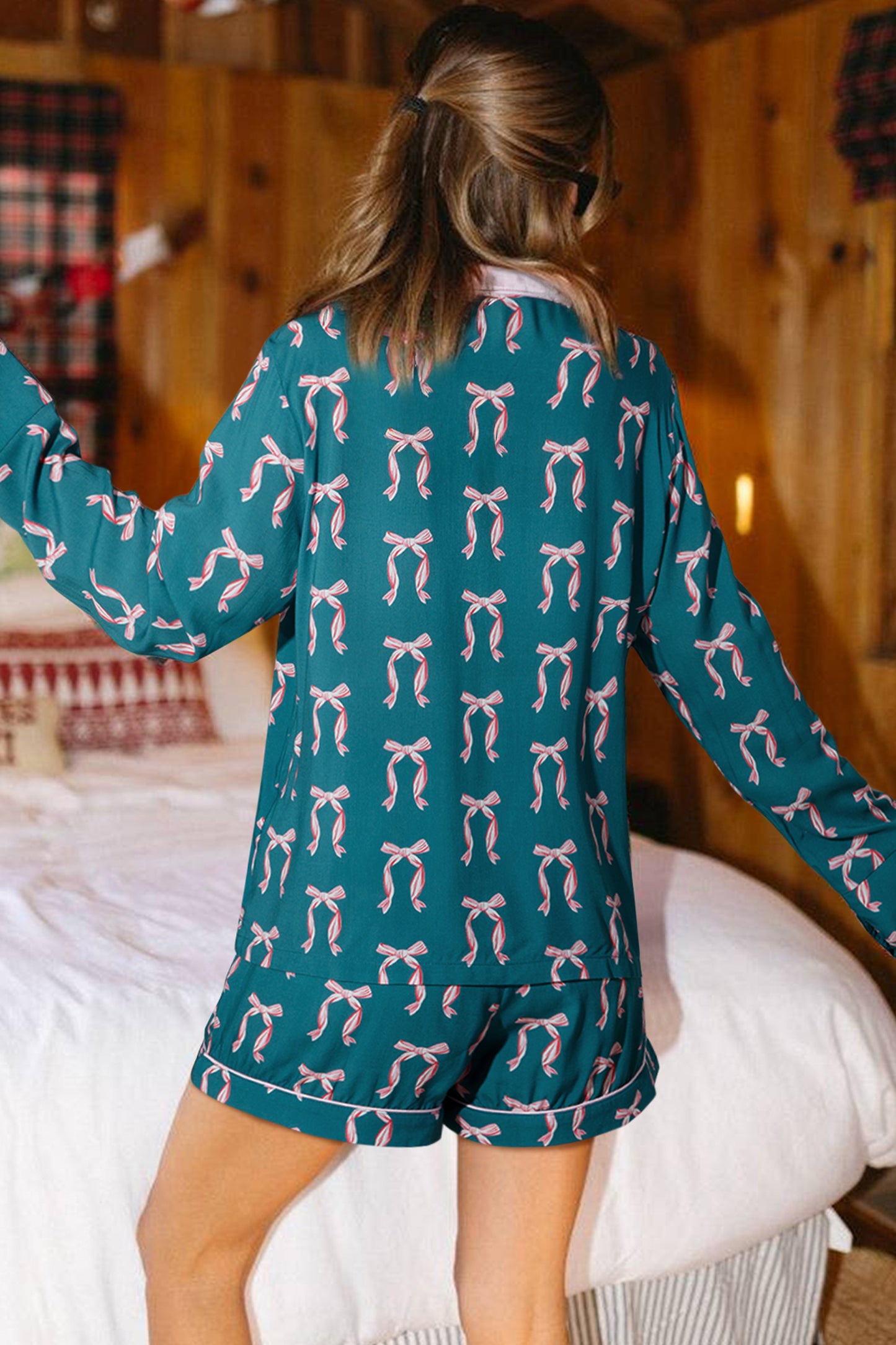 Green Bow Satin Pajama Set for Valentine Long Sleeve/Shorts