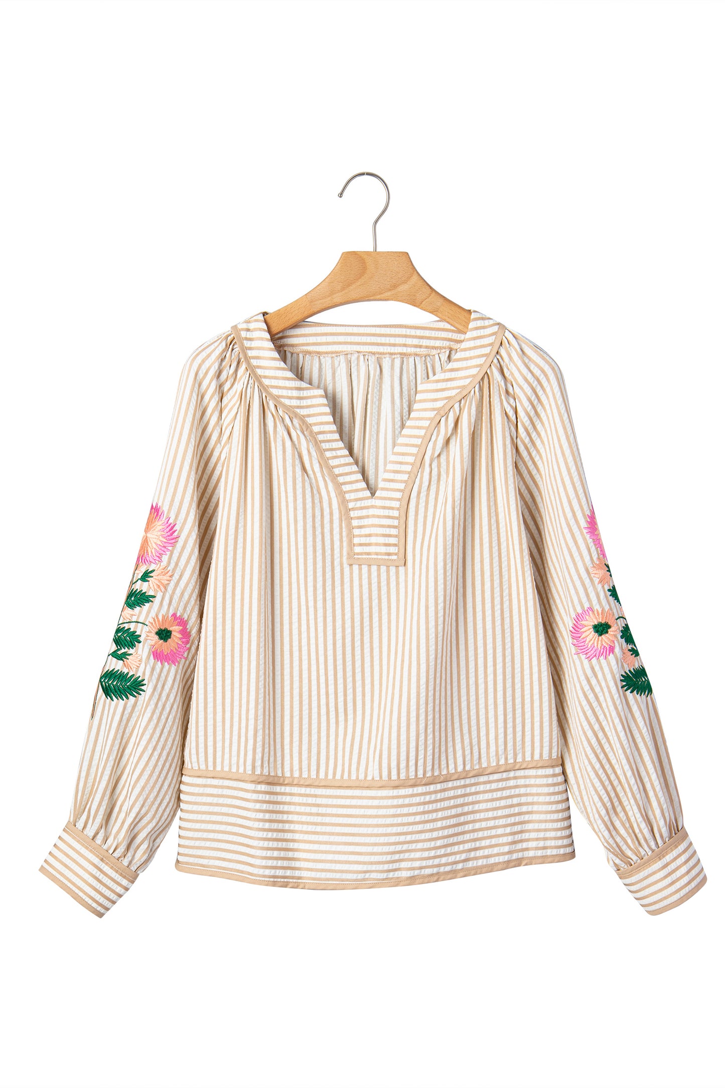 Stripe Floral Embroidered V Neck Blouse Women Long Sleeve