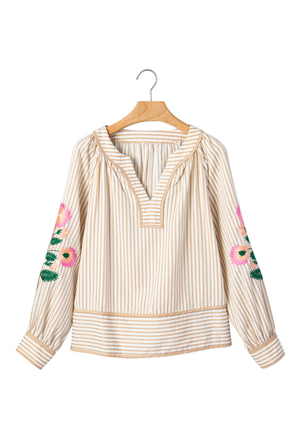 Stripe Floral Embroidered V Neck Blouse Women Long Sleeve