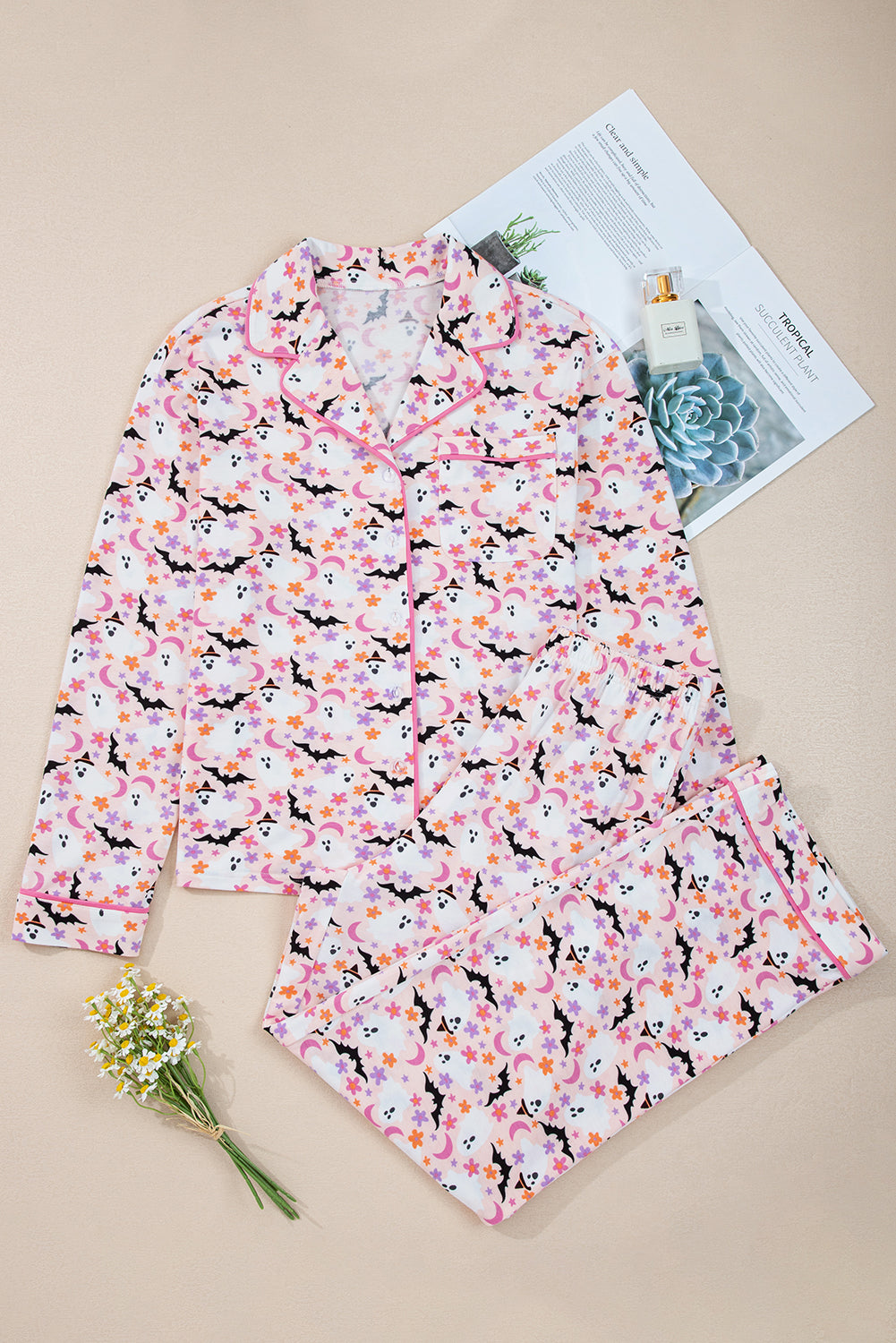 Pink Halloween Ghost Bat Print Pajama Set for Women