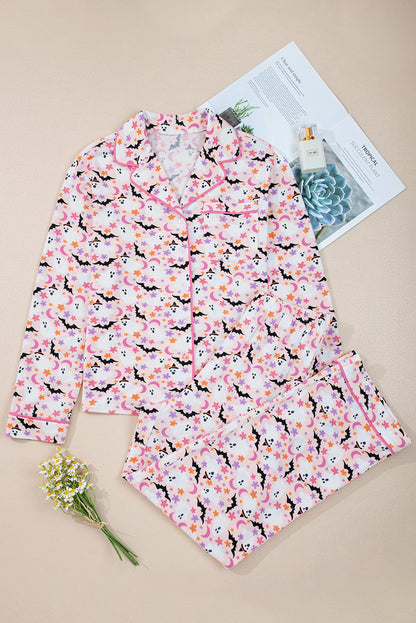Pink Halloween Ghost Bat Print Pajama Set for Women