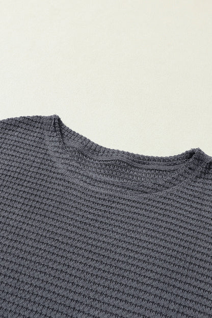 Black Waffle Knit Oversized Top with Side Slits