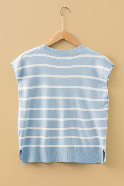 Parchment Striped Short Sleeve Crewneck Knit Sweater Top
