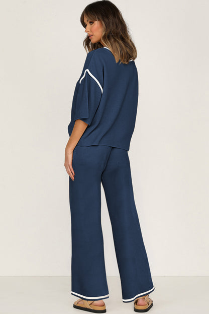 Women’s Knit Lounge Set Contrast Trim Top and Pants