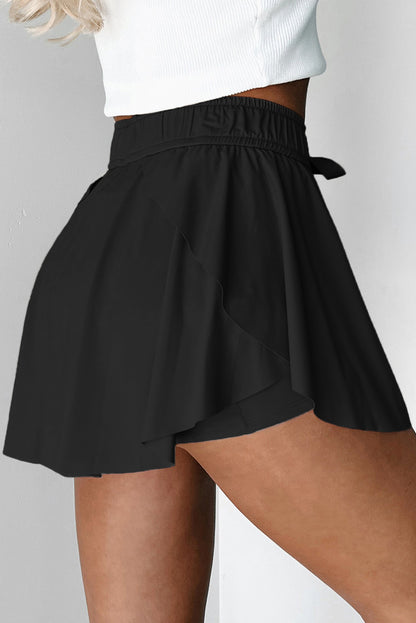 Black High Waist Drawstring Tennis Skort with Lining