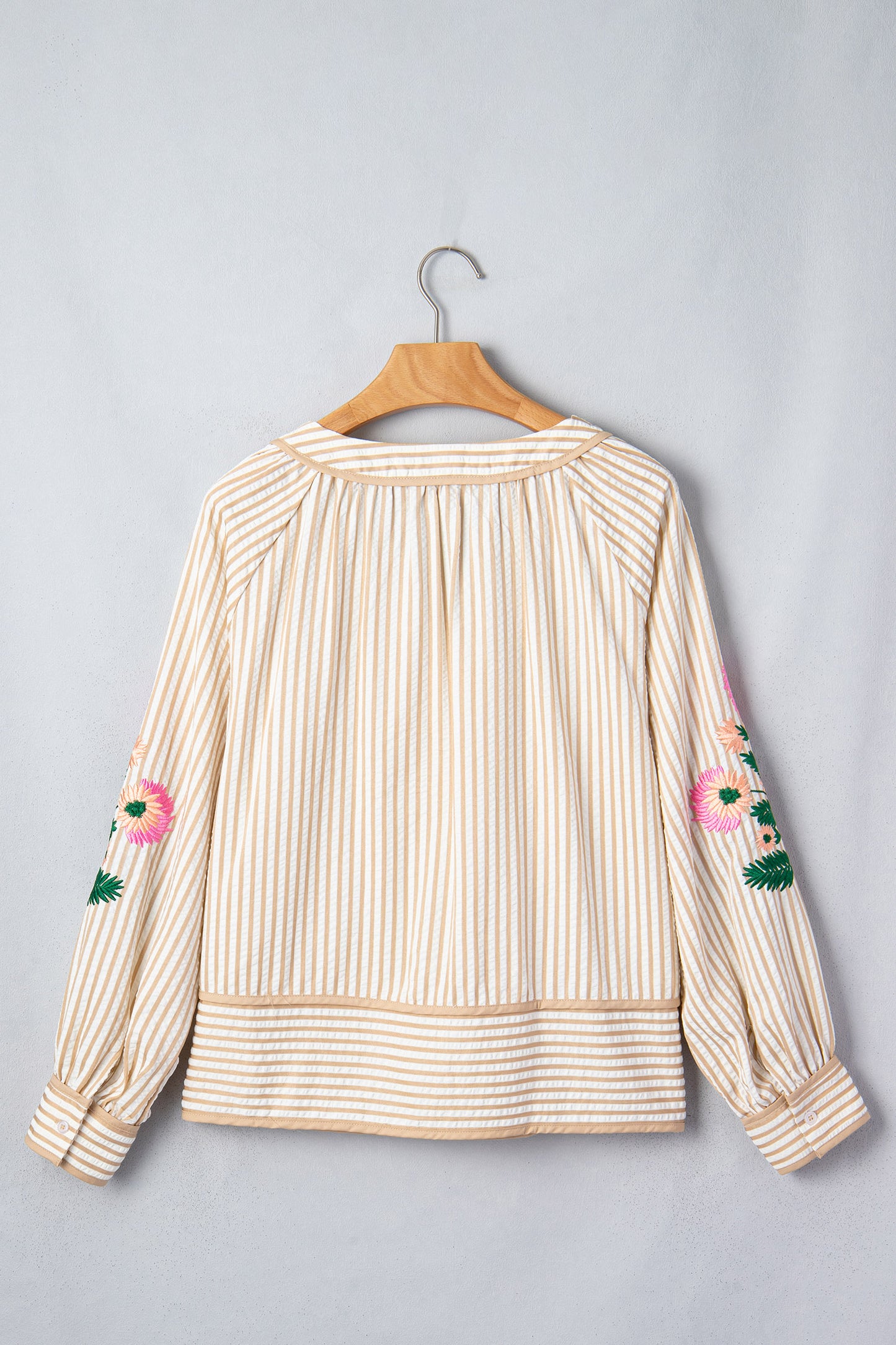Stripe Floral Embroidered V Neck Blouse Women Long Sleeve