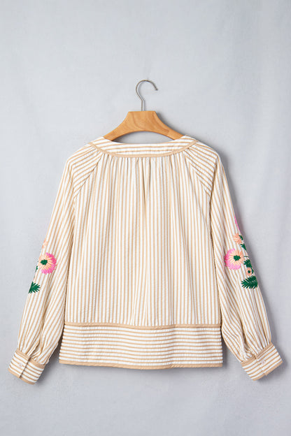 Stripe Floral Embroidered V Neck Blouse Women Long Sleeve