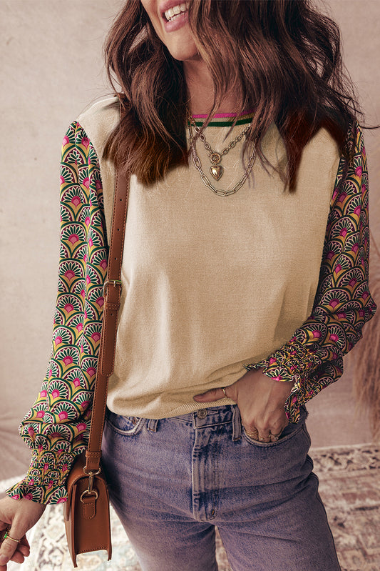 Women Floral Patchwork Puff Sleeve Knit Top