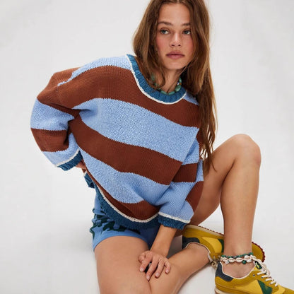 Oversized Color Block Striped Knit Pullover Sweater for Women