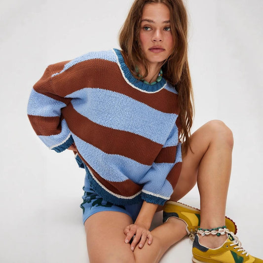 Oversized Color Block Striped Knit Pullover Sweater for Women