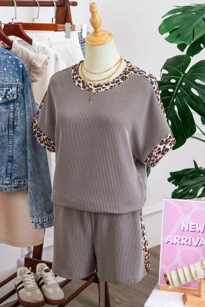 Leopard Trim Ribbed Short Sleeve Top and Shorts Set