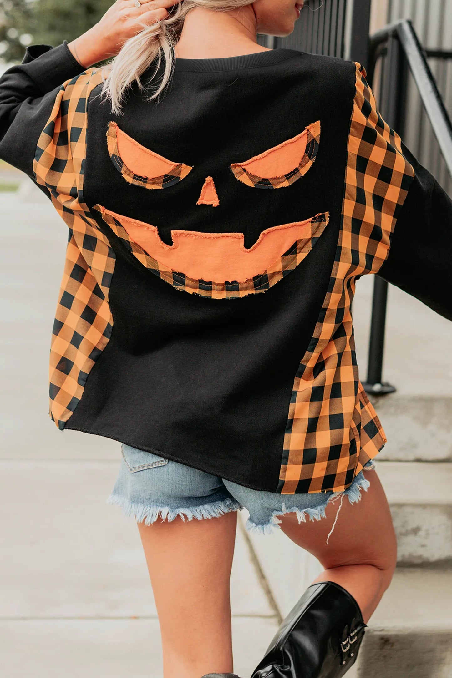 Halloween Pumpkin Face Plaid Patchwork Long Sleeve Top