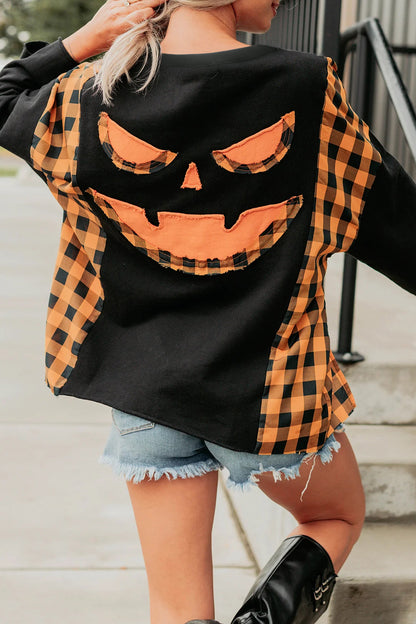 Halloween Pumpkin Face Plaid Patchwork Long Sleeve Top