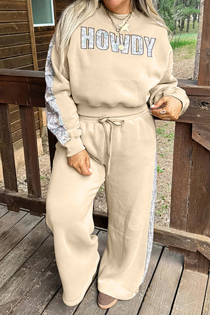 Parchment HOWDY Letter Print Colorblock Side Stripe Long Sleeve Plus Size Set