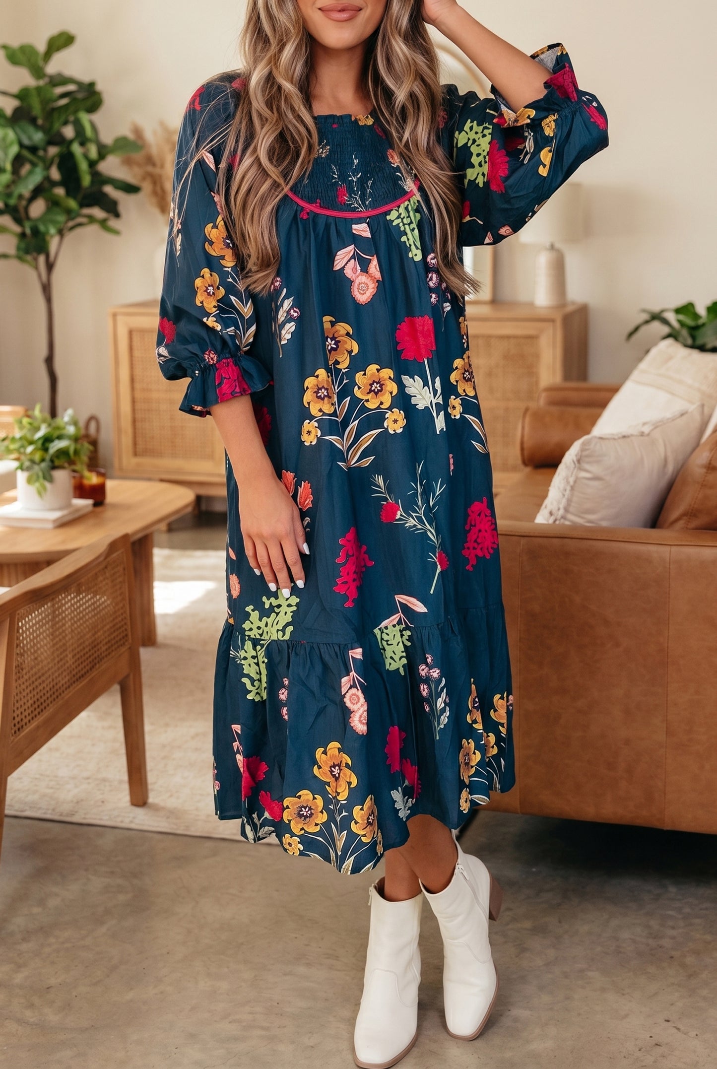 Blue Floral Print Gathered Neckline 7/8 Sleeve Casual Midi Dress