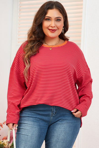 Orange Stripe Plus Size Drop Shoulder Long Sleeve Buttoned Decor Top