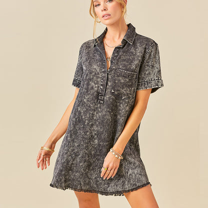Washed Denim Shirt Dress Short Sleeve Casual Mini Dress