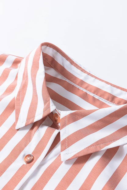 Khaki Stripe Button Front Shirt Ruffle Hem Peplum Top
