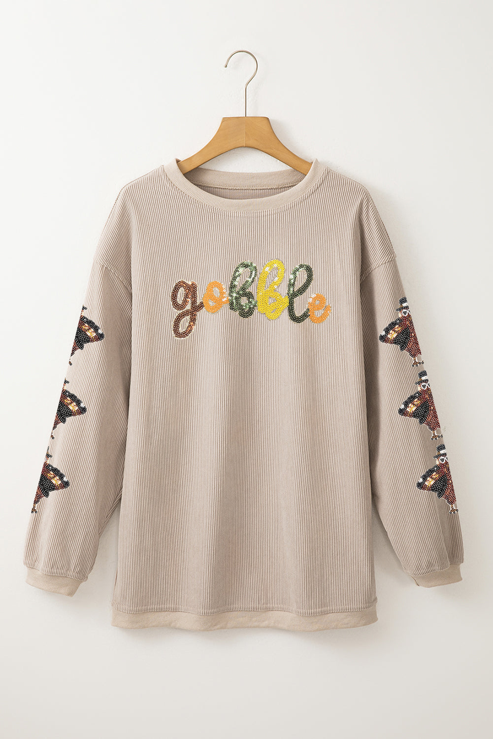 Thanksgiving Turkey Sequin Gobble Corded Sweatshirt