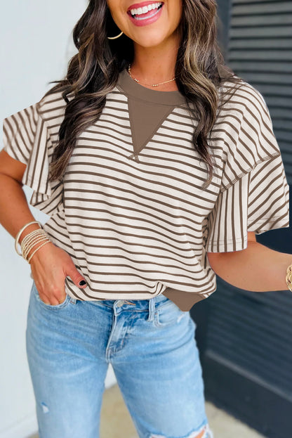 Green Striped Ruffle Sleeve Contrast Casual Top
