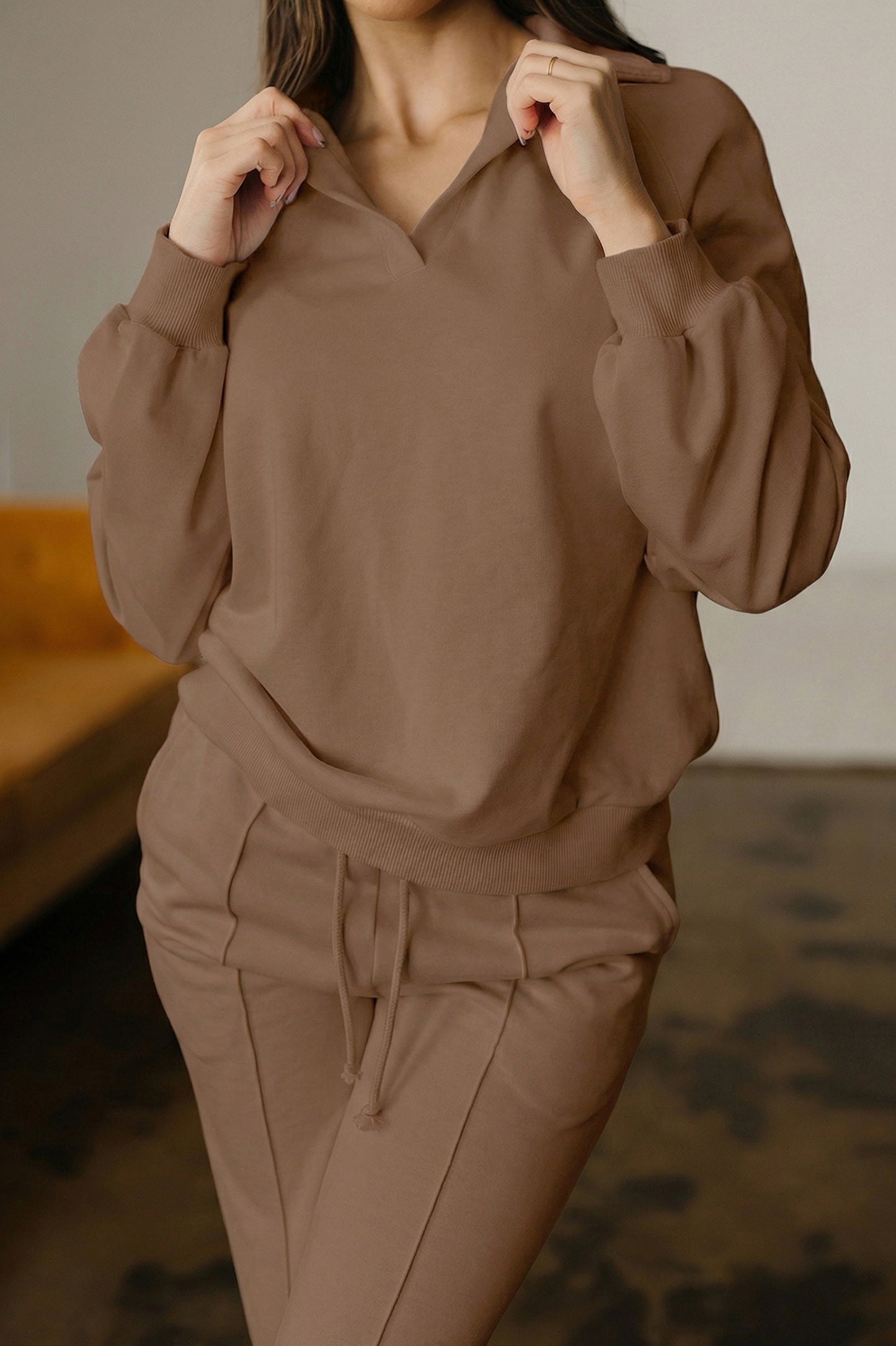 Light Grey Polo Collar Pullover & Drawstring Sweatpants Set