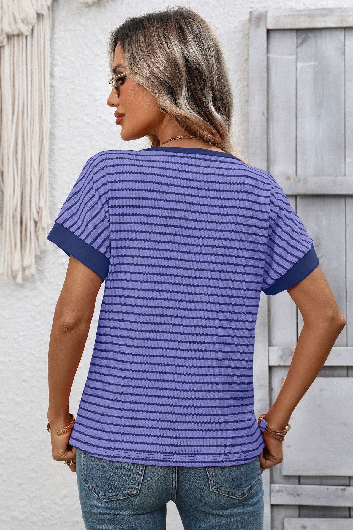 Striped Colorblock Short Sleeve Knit Tee for Women