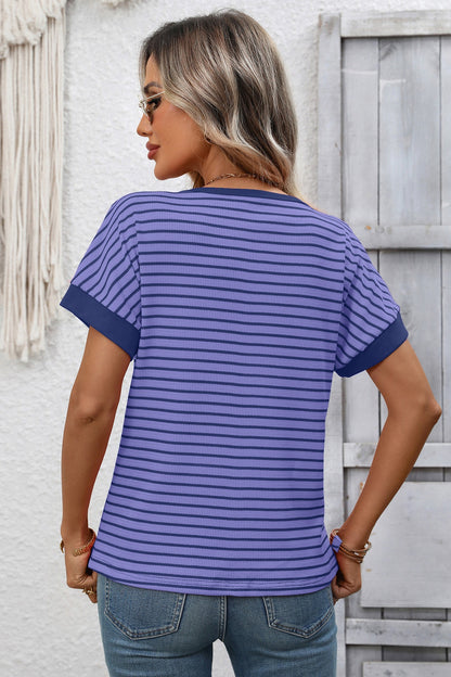 Striped Colorblock Short Sleeve Knit Tee for Women