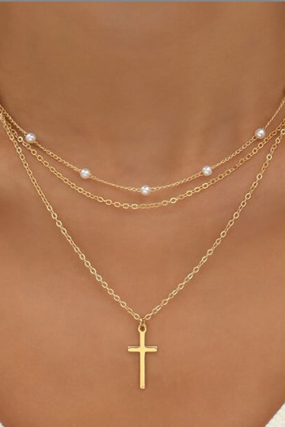 Gold Cross Pendant Pearl Triple Layer Chain Necklace