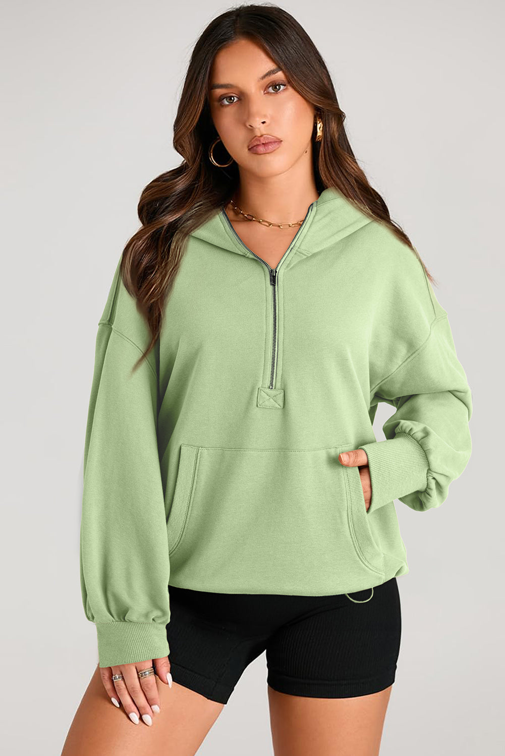 Solid Kangaroo Pocket Half Zipper Oversized Hoodie