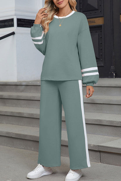 Black Varsity Stripe Patchwork Puff Sleeve Pullover Drawstring Wide Leg Pant Set