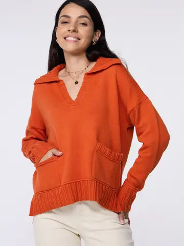Orange V Neck Collared Knit Sweater with Front Pockets