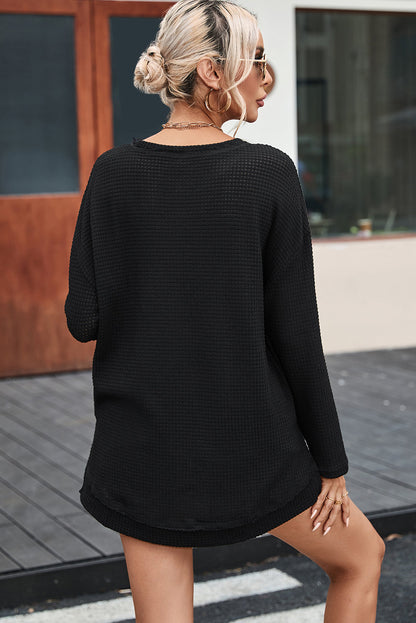 Black Waffle Knit Oversized Top with Side Slits