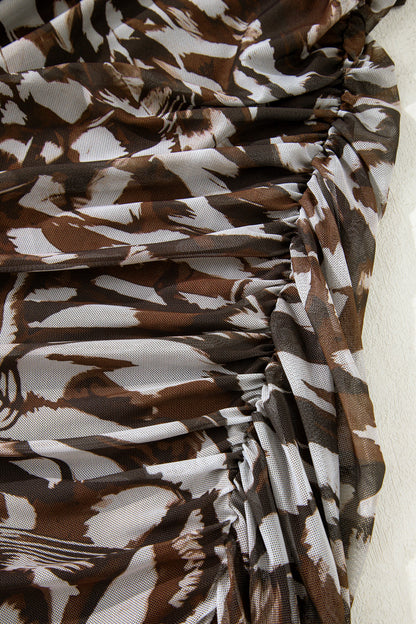 Brown Abstract Mesh Cowl Neck Ruched Midi Dress