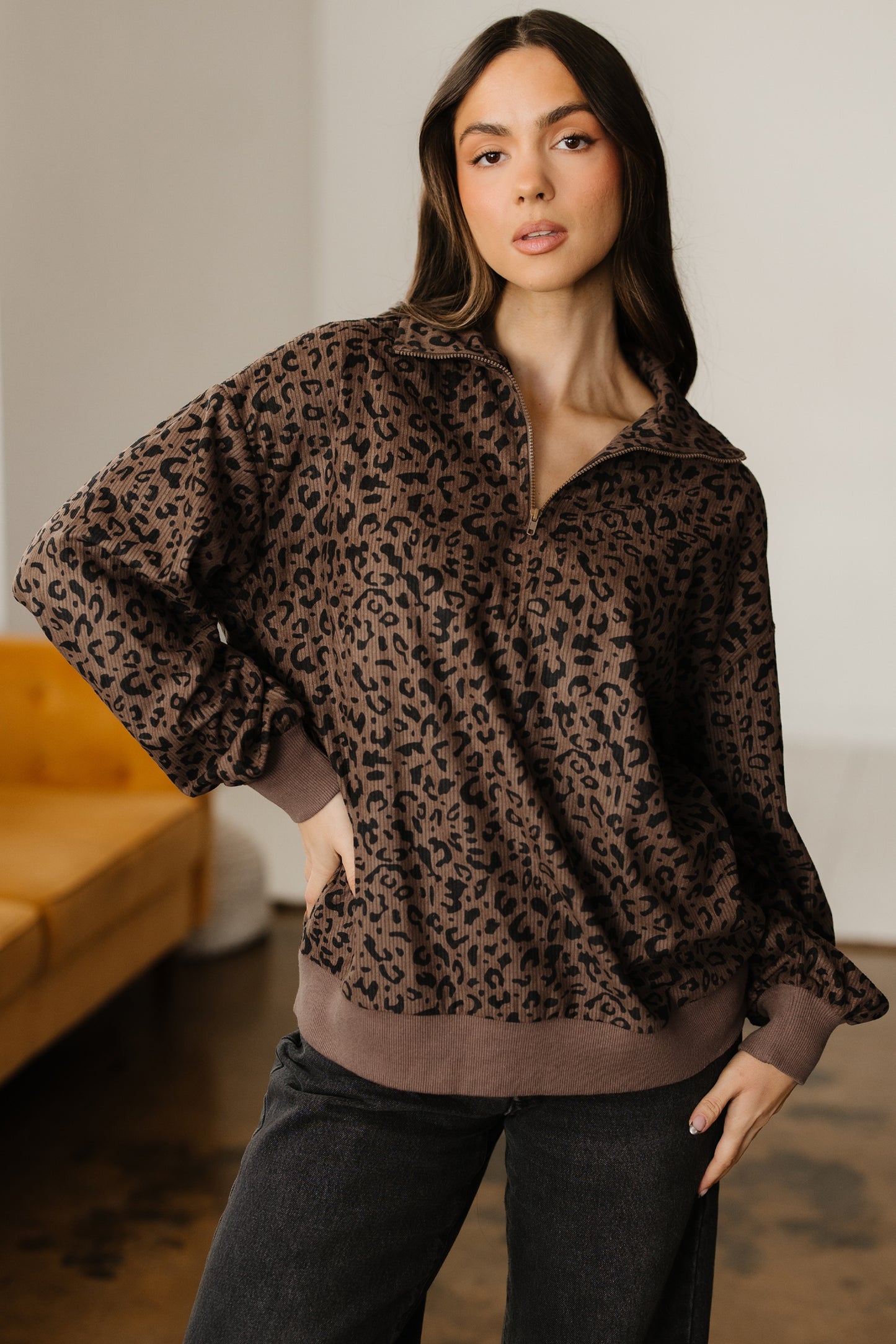 Leopard Print Quarter Zip Corduroy Pullover