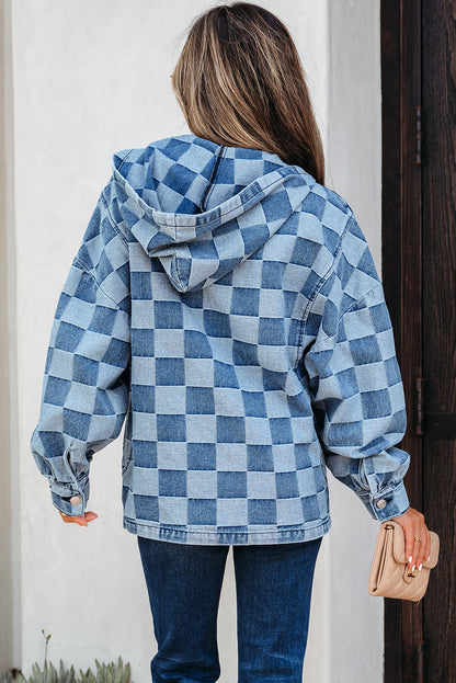 Sky Blue Checkerboard Quarter Zip Denim Hoodie with Pocket